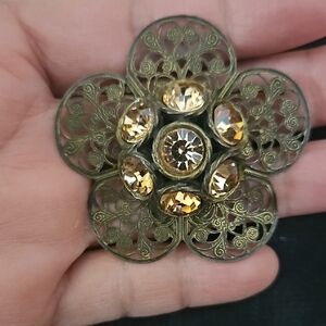 Gold and Brown Filigree Brooch with Glass Rhinestone Embellishments By Yosca
